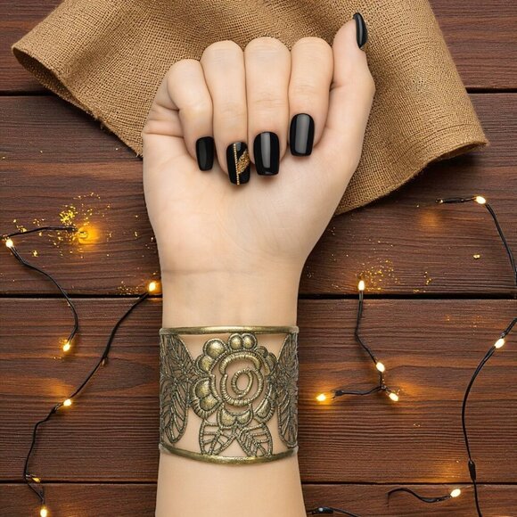 Vintage Style Trendy Boho Chic Floral Wide Cuff Bracelet Antique Gold Finish - Picture 9 of 12